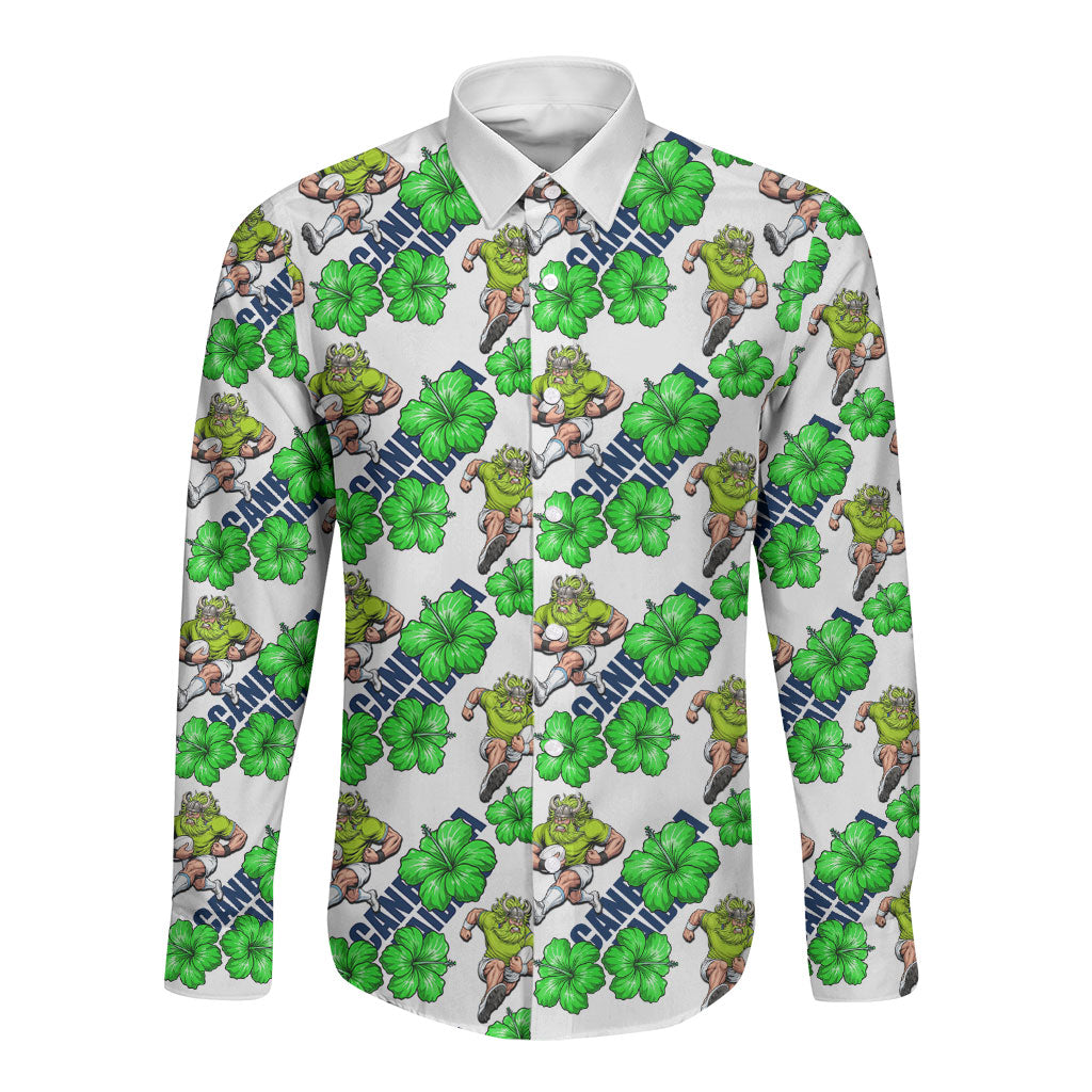 Canberra Raiders Long Sleeve Button Shirt Tropical Hibiscus Floral Seamless Rugby Mascot