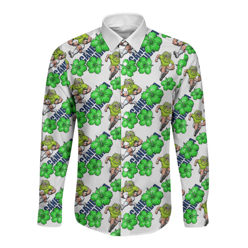 Canberra Raiders Long Sleeve Button Shirt Tropical Hibiscus Floral Seamless Rugby Mascot