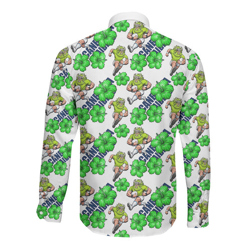 Canberra Raiders Long Sleeve Button Shirt Tropical Hibiscus Floral Seamless Rugby Mascot