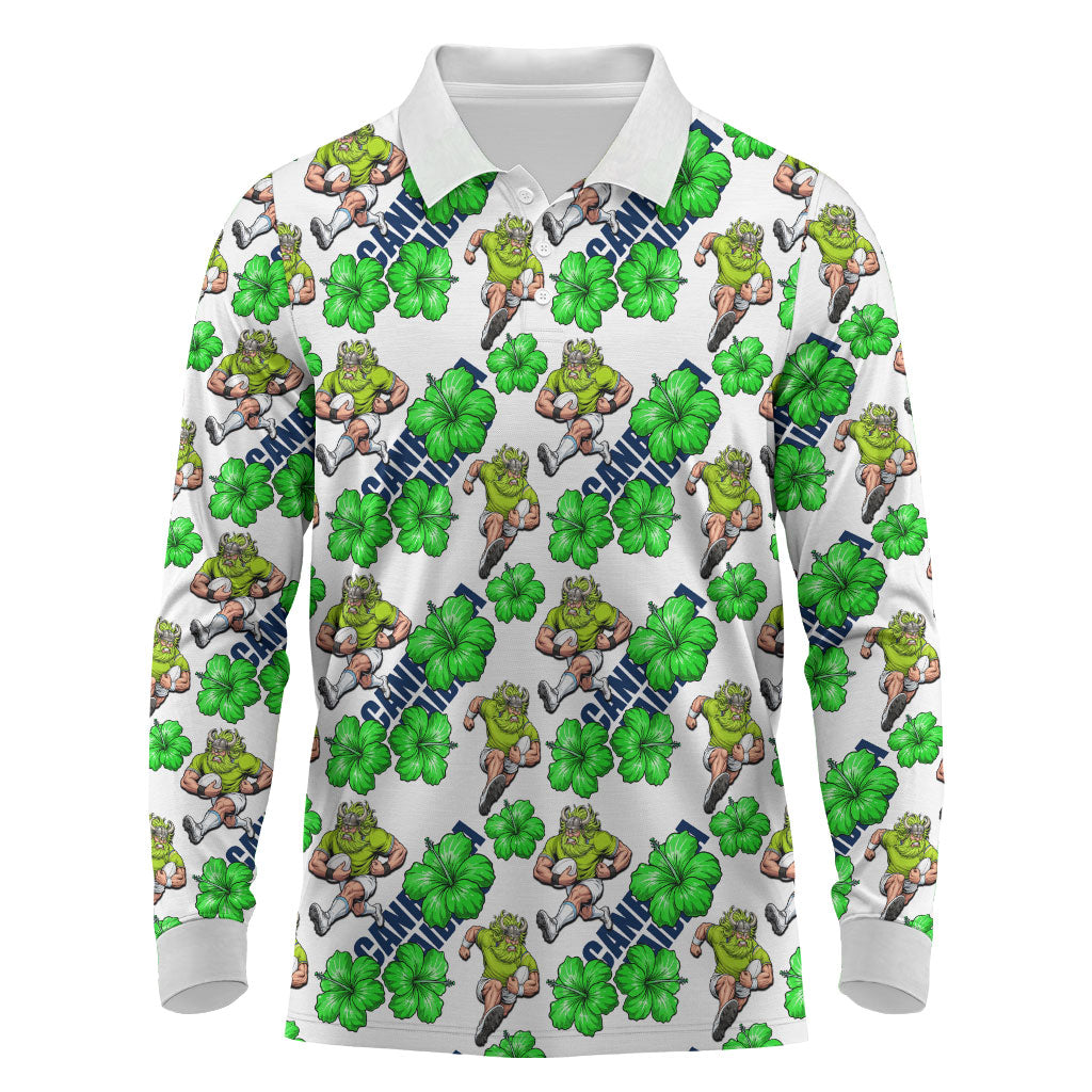 Canberra Raiders Long Sleeve Polo Shirt Tropical Hibiscus Floral Seamless Rugby Mascot