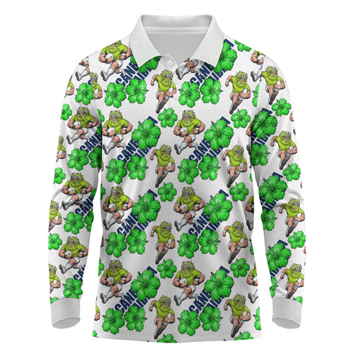 Canberra Raiders Long Sleeve Polo Shirt Tropical Hibiscus Floral Seamless Rugby Mascot