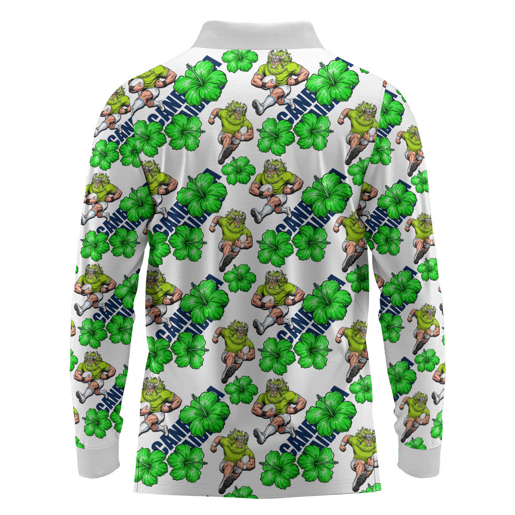 Canberra Raiders Long Sleeve Polo Shirt Tropical Hibiscus Floral Seamless Rugby Mascot