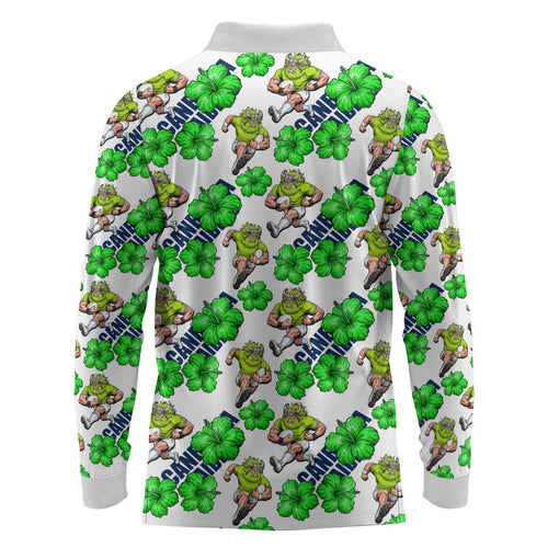 Canberra Raiders Long Sleeve Polo Shirt Tropical Hibiscus Floral Seamless Rugby Mascot