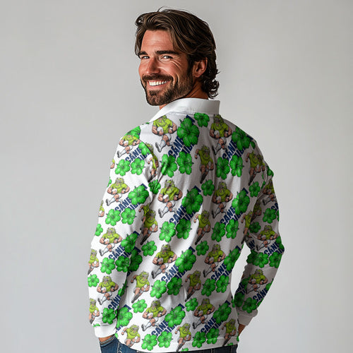 Canberra Raiders Long Sleeve Polo Shirt Tropical Hibiscus Floral Seamless Rugby Mascot