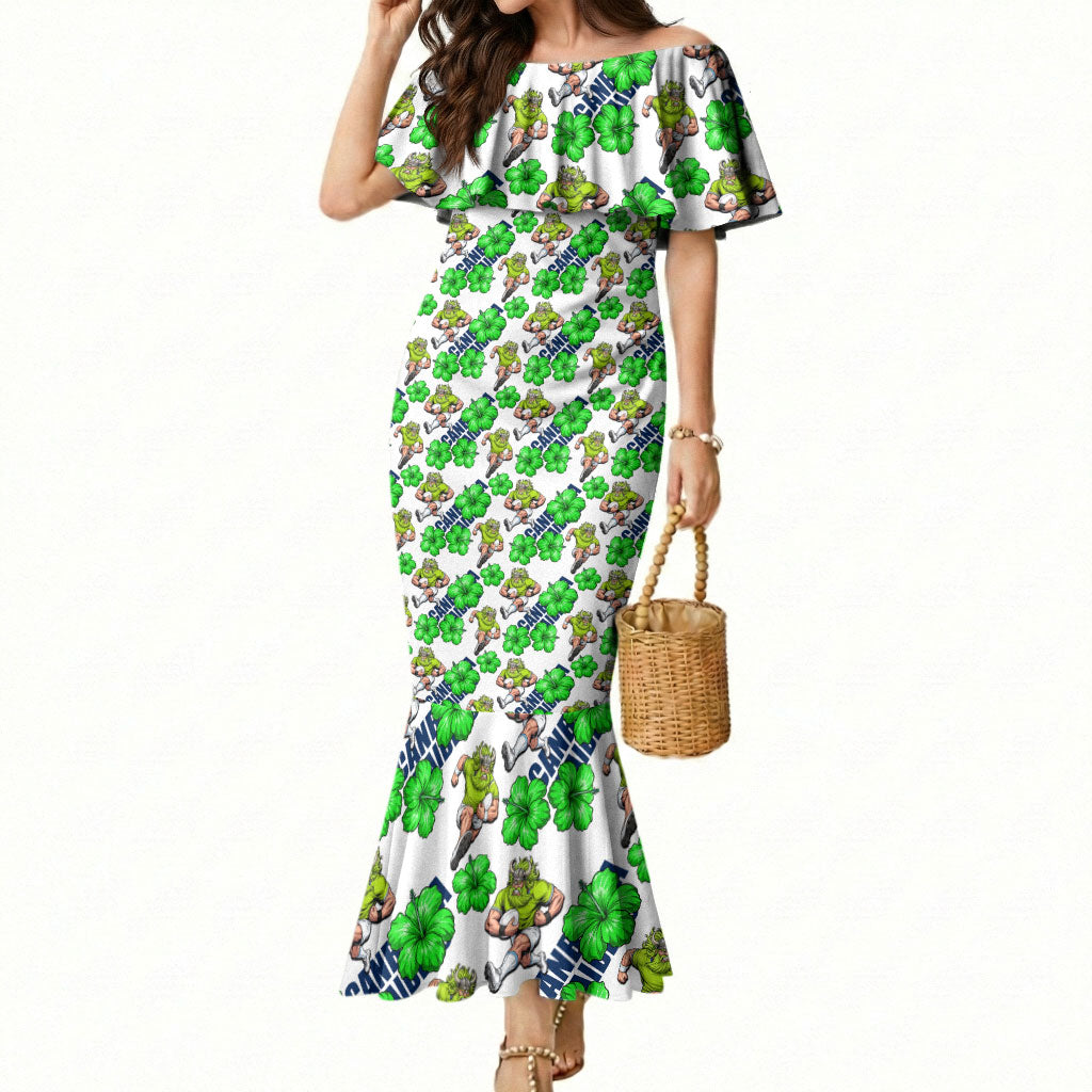 Canberra Raiders Mermaid Dress Tropical Hibiscus Floral Seamless Rugby Mascot