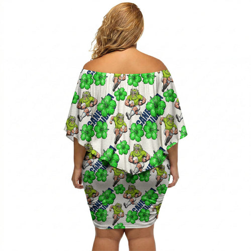 Canberra Raiders Off Shoulder Short Dress Tropical Hibiscus Floral Seamless Rugby Mascot