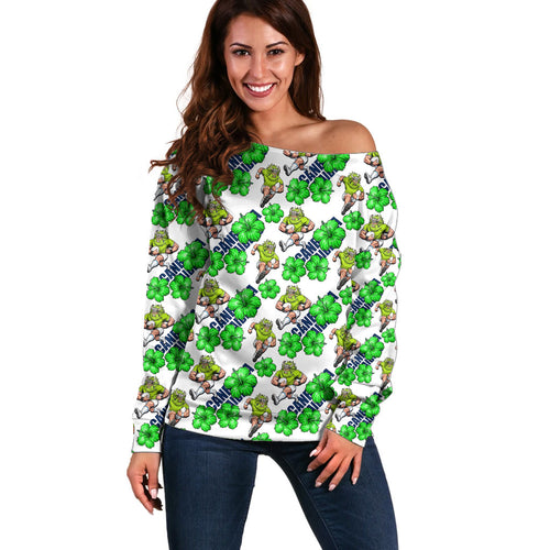 Canberra Raiders Off Shoulder Sweater Tropical Hibiscus Floral Seamless Rugby Mascot