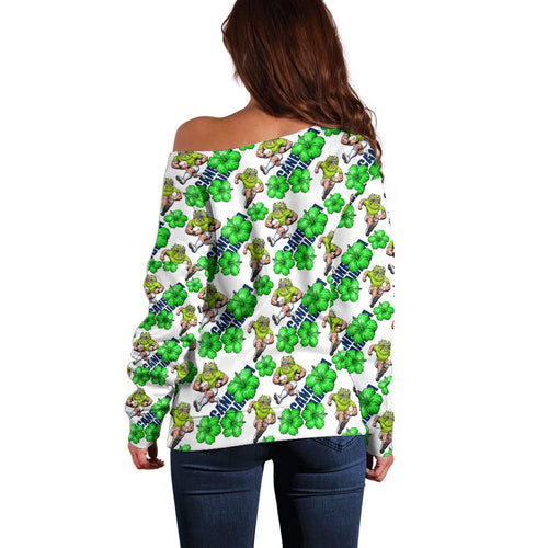 Canberra Raiders Off Shoulder Sweater Tropical Hibiscus Floral Seamless Rugby Mascot