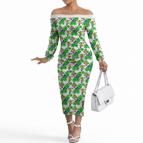 Canberra Raiders Off The Shoulder Long Sleeve Dress Tropical Hibiscus Floral Seamless Rugby Mascot