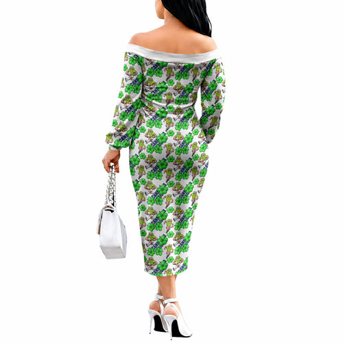Canberra Raiders Off The Shoulder Long Sleeve Dress Tropical Hibiscus Floral Seamless Rugby Mascot