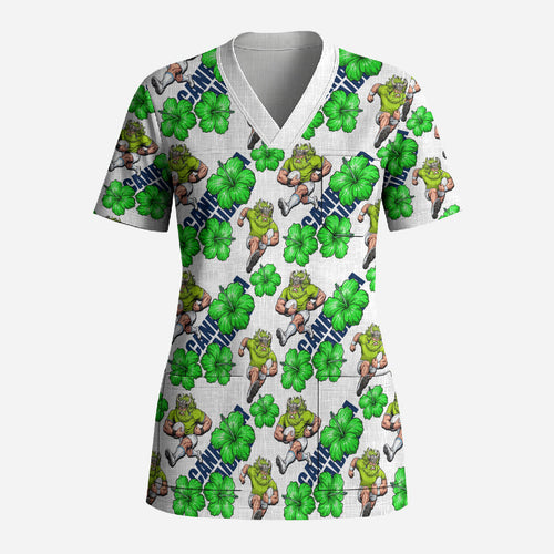 Canberra Raiders Scrub Top Tropical Hibiscus Floral Seamless Rugby Mascot