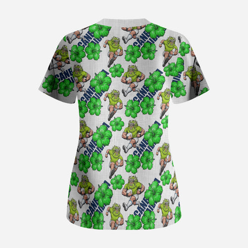 Canberra Raiders Scrub Top Tropical Hibiscus Floral Seamless Rugby Mascot