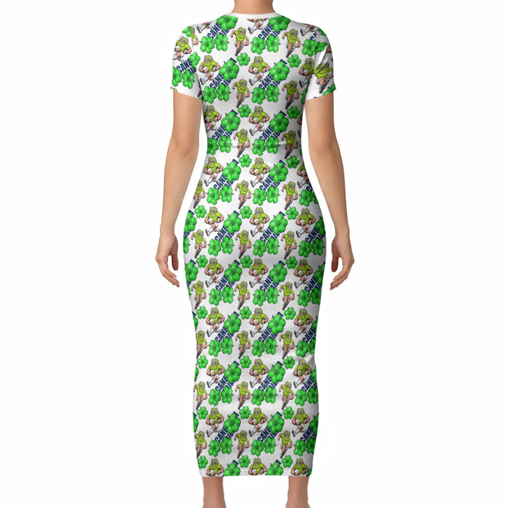 Canberra Raiders Short Sleeve Bodycon Dress Tropical Hibiscus Floral Seamless Rugby Mascot