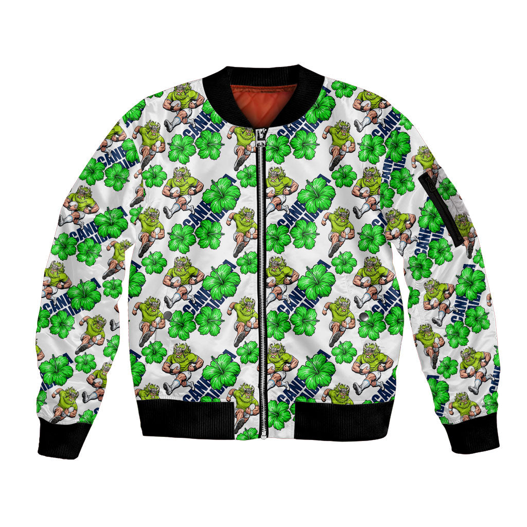 Canberra Raiders Sleeve Zip Bomber Jacket Tropical Hibiscus Floral Seamless Rugby Mascot