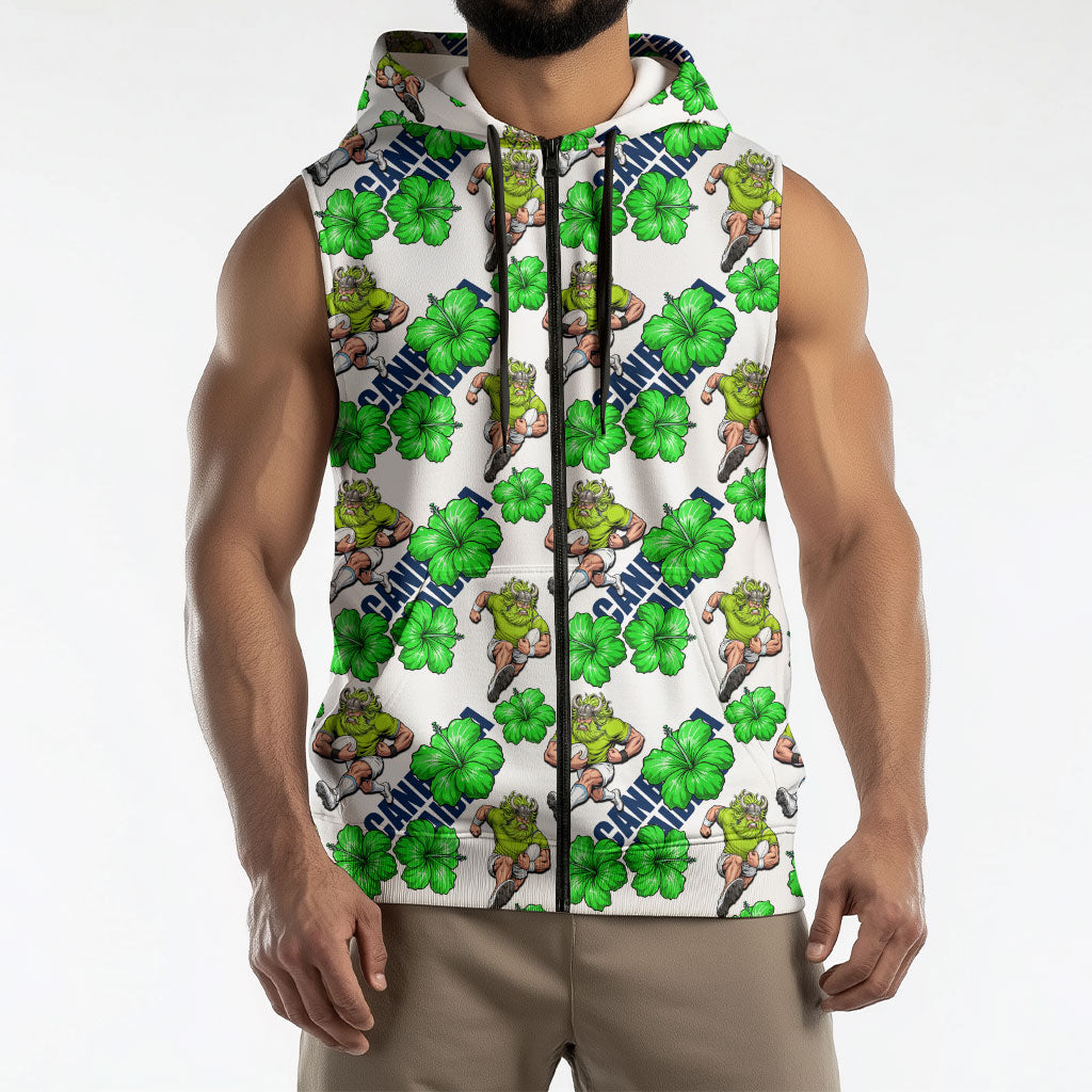 Canberra Raiders Sleeveless Zip Hoodie Tropical Hibiscus Floral Seamless Rugby Mascot