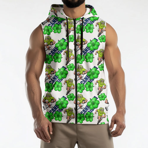 Canberra Raiders Sleeveless Zip Hoodie Tropical Hibiscus Floral Seamless Rugby Mascot