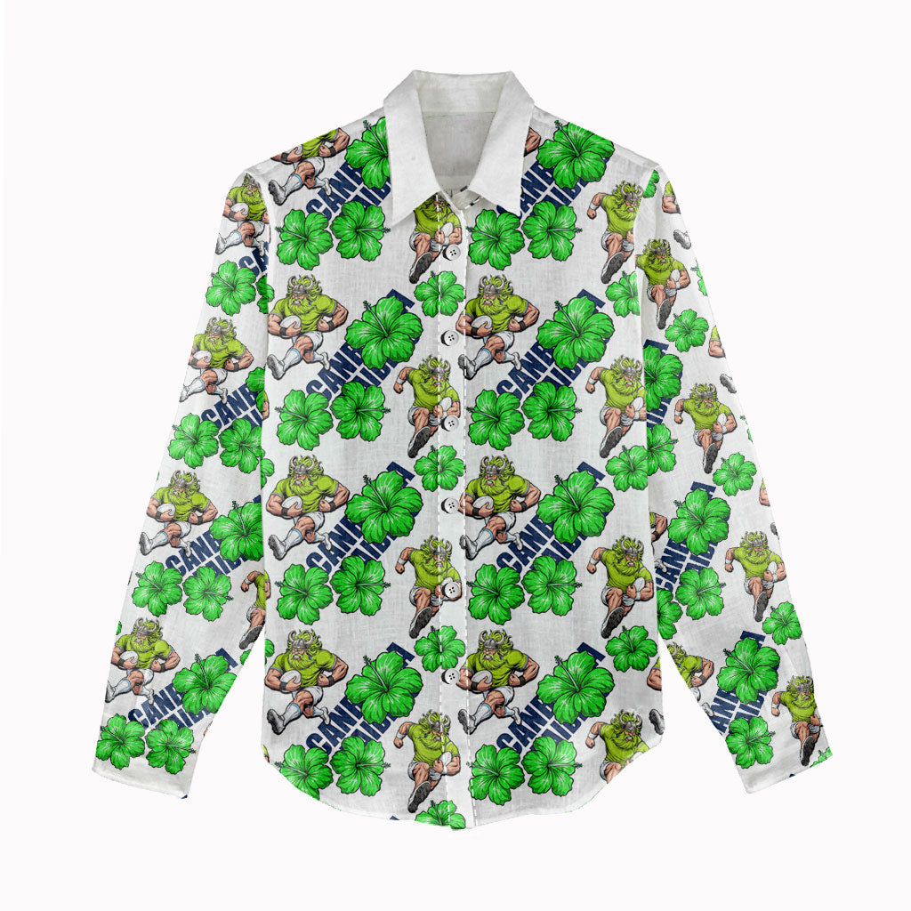 Canberra Raiders Women Casual Shirt Tropical Hibiscus Floral Seamless Rugby Mascot