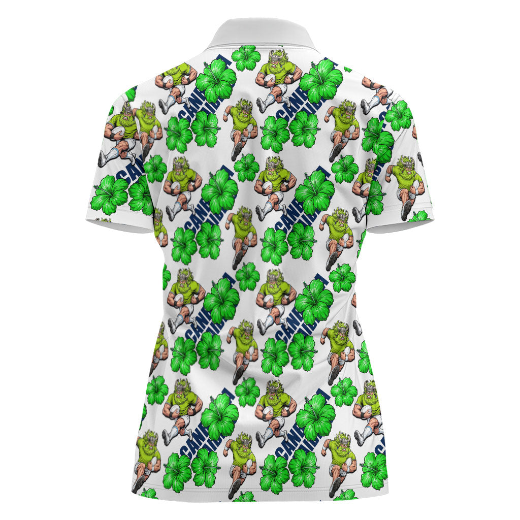 Canberra Raiders Women Polo Shirt Tropical Hibiscus Floral Seamless Rugby Mascot