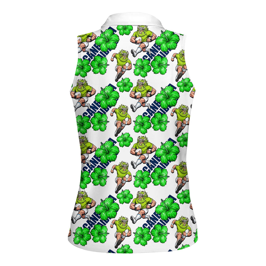 Canberra Raiders Women Sleeveless Polo Shirt Tropical Hibiscus Floral Seamless Rugby Mascot