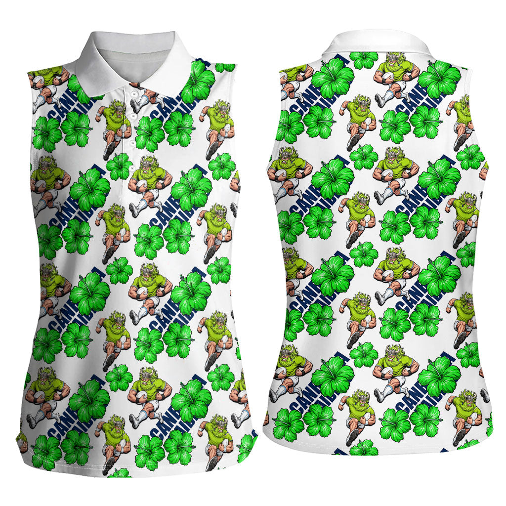 Canberra Raiders Women Sleeveless Polo Shirt Tropical Hibiscus Floral Seamless Rugby Mascot