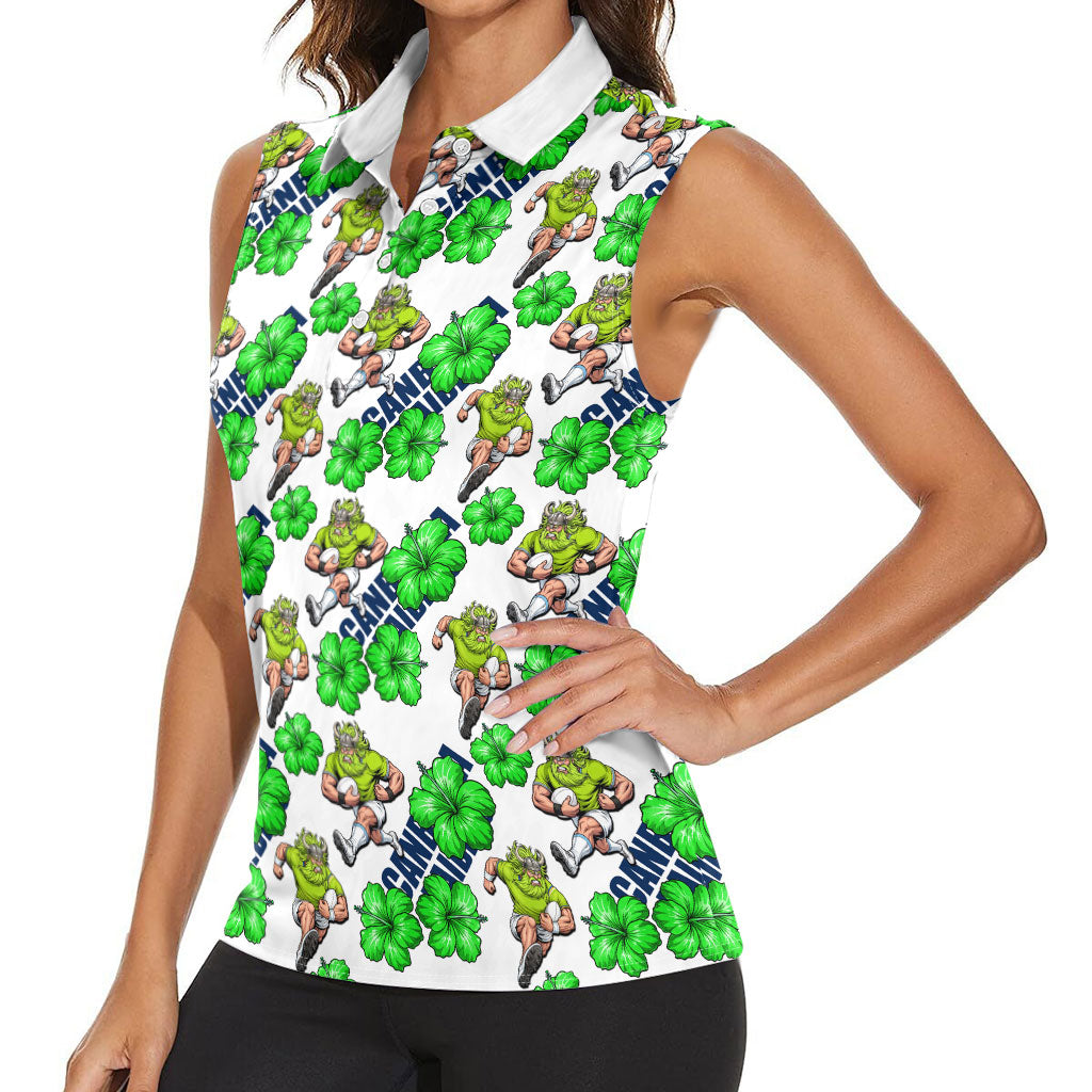 Canberra Raiders Women Sleeveless Polo Shirt Tropical Hibiscus Floral Seamless Rugby Mascot