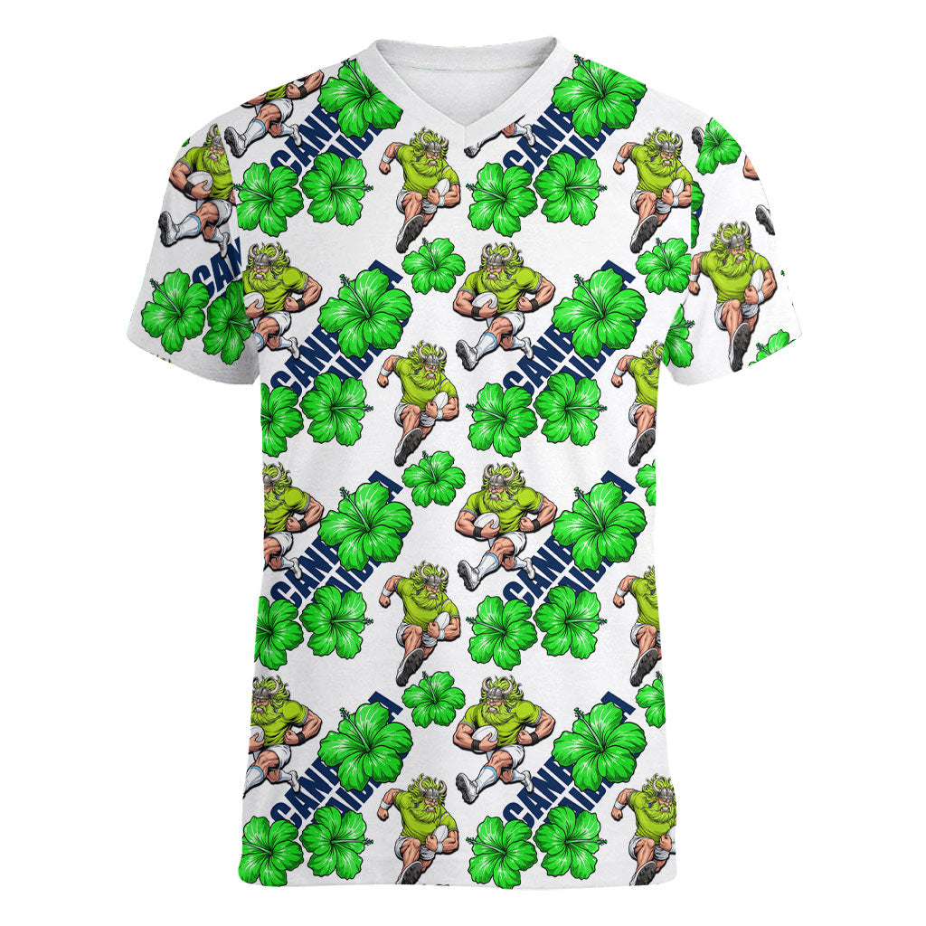 Canberra Raiders Women V-Neck T-Shirt Tropical Hibiscus Floral Seamless Rugby Mascot
