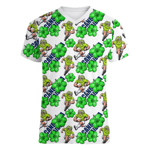 Canberra Raiders Women V-Neck T-Shirt Tropical Hibiscus Floral Seamless Rugby Mascot