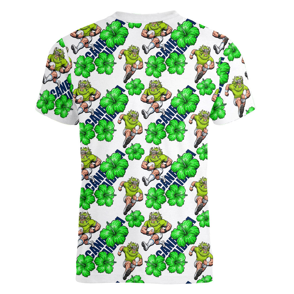 Canberra Raiders Women V-Neck T-Shirt Tropical Hibiscus Floral Seamless Rugby Mascot