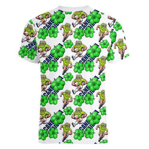 Canberra Raiders Women V-Neck T-Shirt Tropical Hibiscus Floral Seamless Rugby Mascot