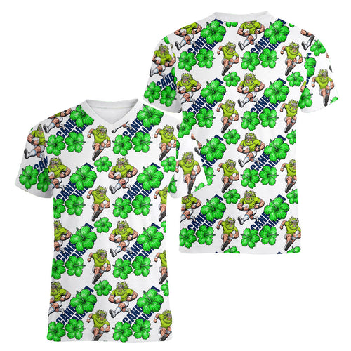Canberra Raiders Women V-Neck T-Shirt Tropical Hibiscus Floral Seamless Rugby Mascot