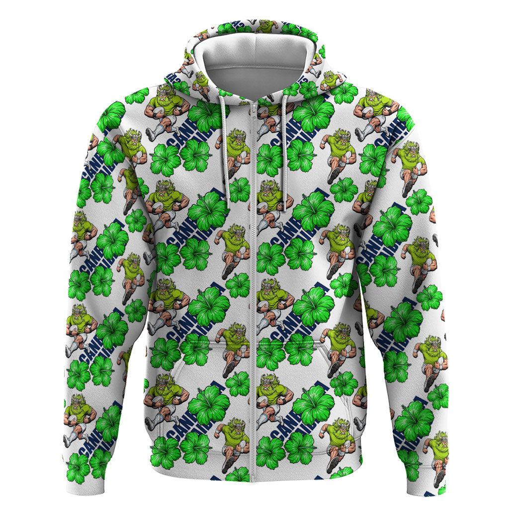 Canberra Raiders Zip Hoodie Tropical Hibiscus Floral Seamless Rugby Mascot
