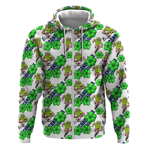 Canberra Raiders Zip Hoodie Tropical Hibiscus Floral Seamless Rugby Mascot