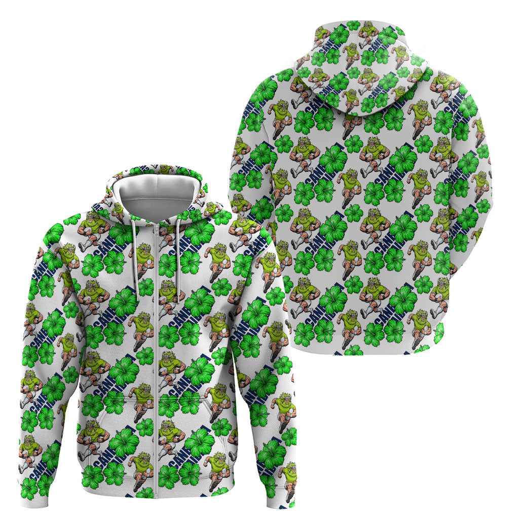 Canberra Raiders Zip Hoodie Tropical Hibiscus Floral Seamless Rugby Mascot