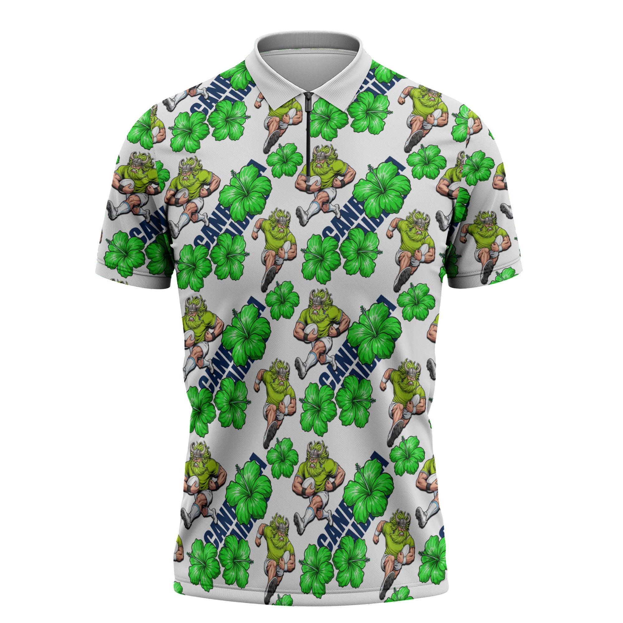Canberra Raiders Zipper Polo Shirt Tropical Hibiscus Floral Seamless Rugby Mascot