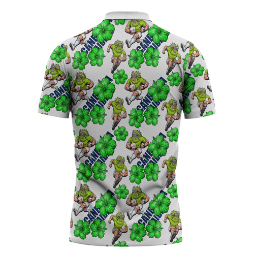 Canberra Raiders Zipper Polo Shirt Tropical Hibiscus Floral Seamless Rugby Mascot