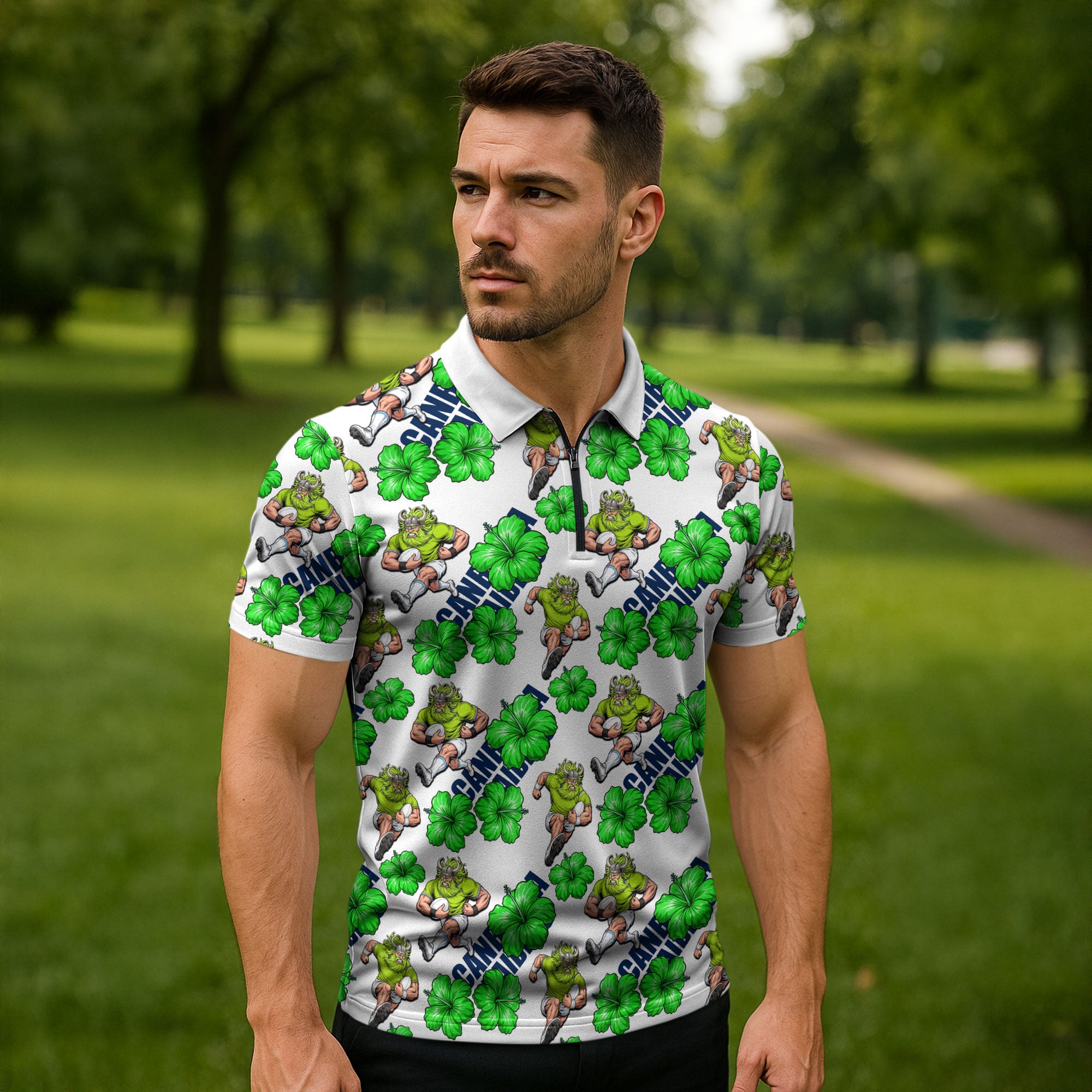 Canberra Raiders Zipper Polo Shirt Tropical Hibiscus Floral Seamless Rugby Mascot