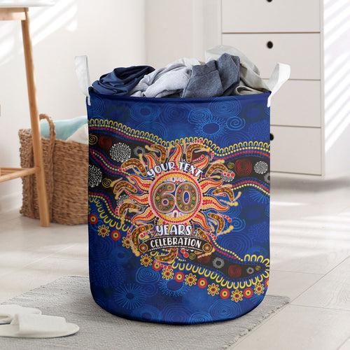 Personalized 60th Birthday Aboriginal Art Laundry Basket Indigenous Dot Painting Vintage Sun Lizard