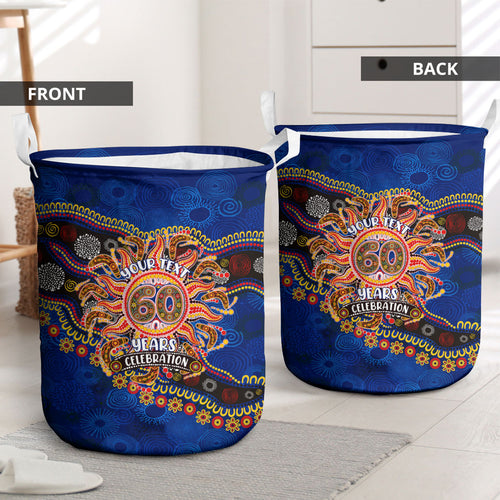 Personalized 60th Birthday Aboriginal Art Laundry Basket Indigenous Dot Painting Vintage Sun Lizard