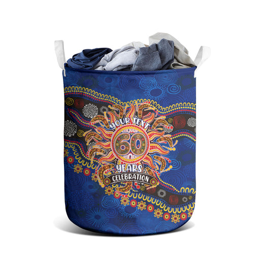 Personalized 60th Birthday Aboriginal Art Laundry Basket Indigenous Dot Painting Vintage Sun Lizard