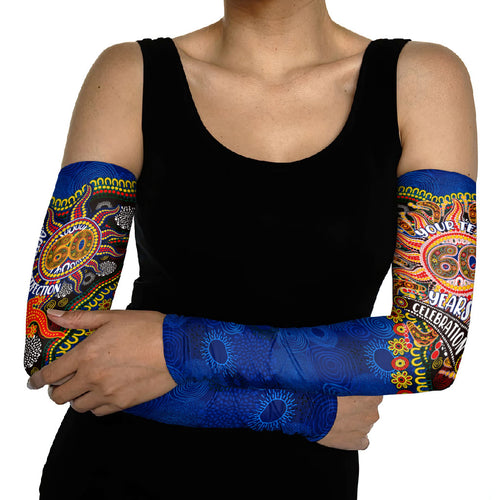 Personalized 60th Birthday Aboriginal Art Arm Sleeves Indigenous Dot Painting Vintage Sun Lizard