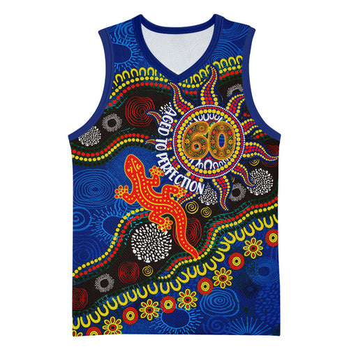 Personalized 60th Birthday Aboriginal Art Basketball Jersey Indigenous Dot Painting Vintage Sun Lizard