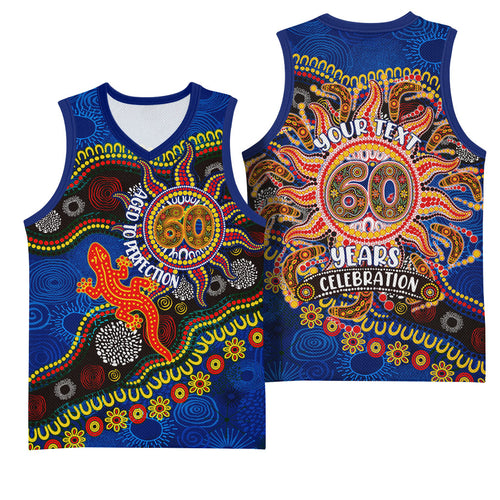 Personalized 60th Birthday Aboriginal Art Basketball Jersey Indigenous Dot Painting Vintage Sun Lizard