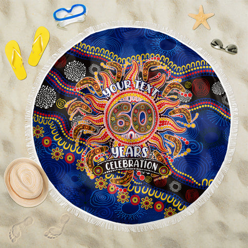 Personalized 60th Birthday Aboriginal Art Beach Blanket Indigenous Dot Painting Vintage Sun Lizard