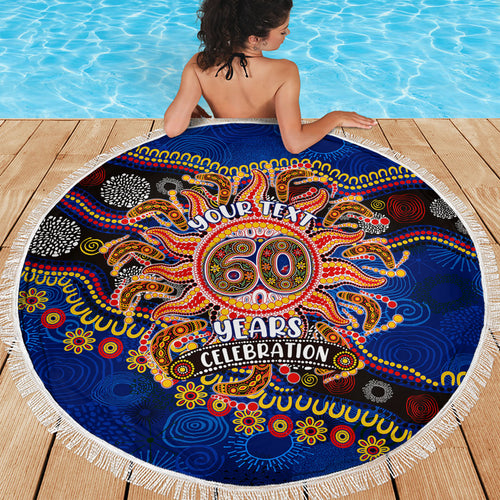 Personalized 60th Birthday Aboriginal Art Beach Blanket Indigenous Dot Painting Vintage Sun Lizard
