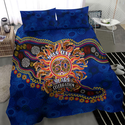 Personalized 60th Birthday Aboriginal Art Bedding Set Indigenous Dot Painting Vintage Sun Lizard
