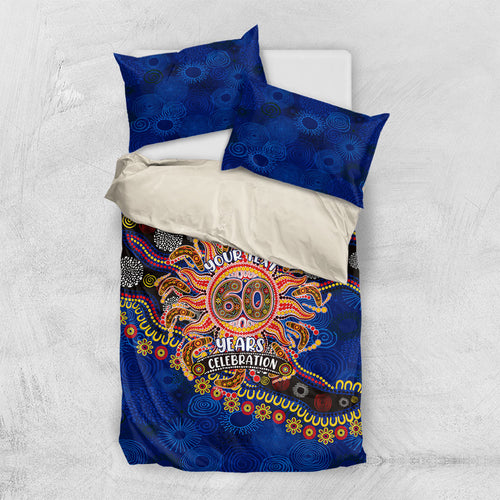 Personalized 60th Birthday Aboriginal Art Bedding Set Indigenous Dot Painting Vintage Sun Lizard