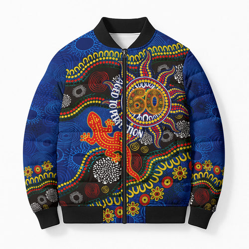 Personalized 60th Birthday Aboriginal Art Bomber Puffer Jacket Indigenous Dot Painting Vintage Sun Lizard