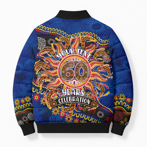 Personalized 60th Birthday Aboriginal Art Bomber Puffer Jacket Indigenous Dot Painting Vintage Sun Lizard