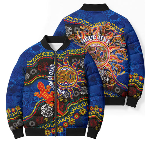 Personalized 60th Birthday Aboriginal Art Bomber Puffer Jacket Indigenous Dot Painting Vintage Sun Lizard
