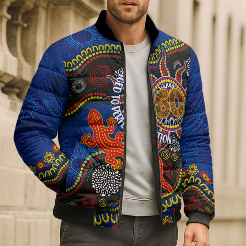 Personalized 60th Birthday Aboriginal Art Bomber Puffer Jacket Indigenous Dot Painting Vintage Sun Lizard